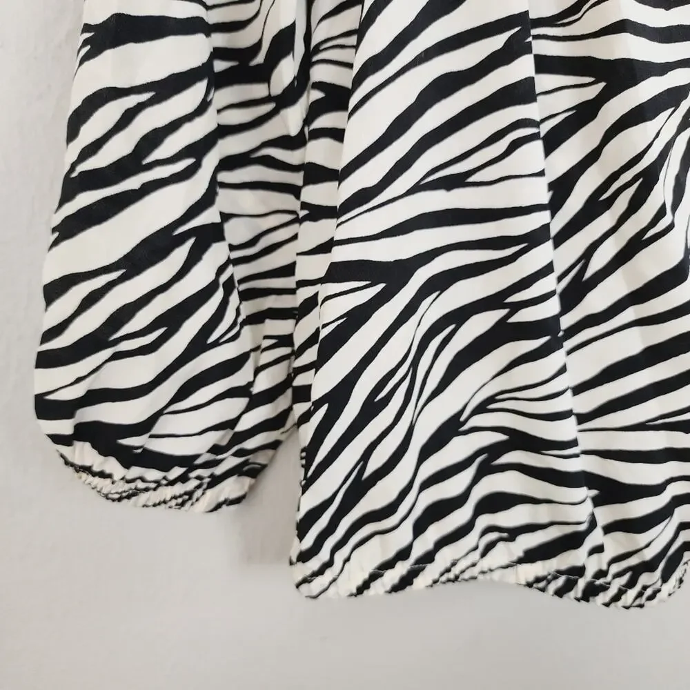 Michael Kors Tiger Stripe Off the Shoulder Ruffle Blouse Black White Animal M